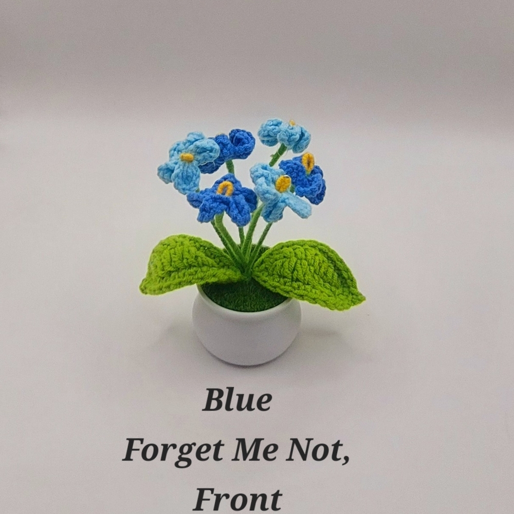 Crocheted Handmade Spring Flowers In Mini Pot W/Grass, Blue Forget Me Nots